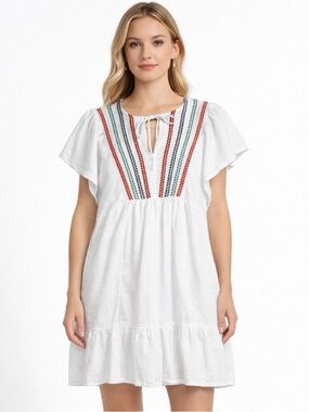 Knox Rose White Embroidered Flutter Sleeve Tiered Mini Dress Summer Womens Large